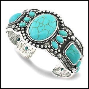 Turquoise Heart Cuff Bracelet Retro Ethnic Style Silver Plated Bangle Jewelry